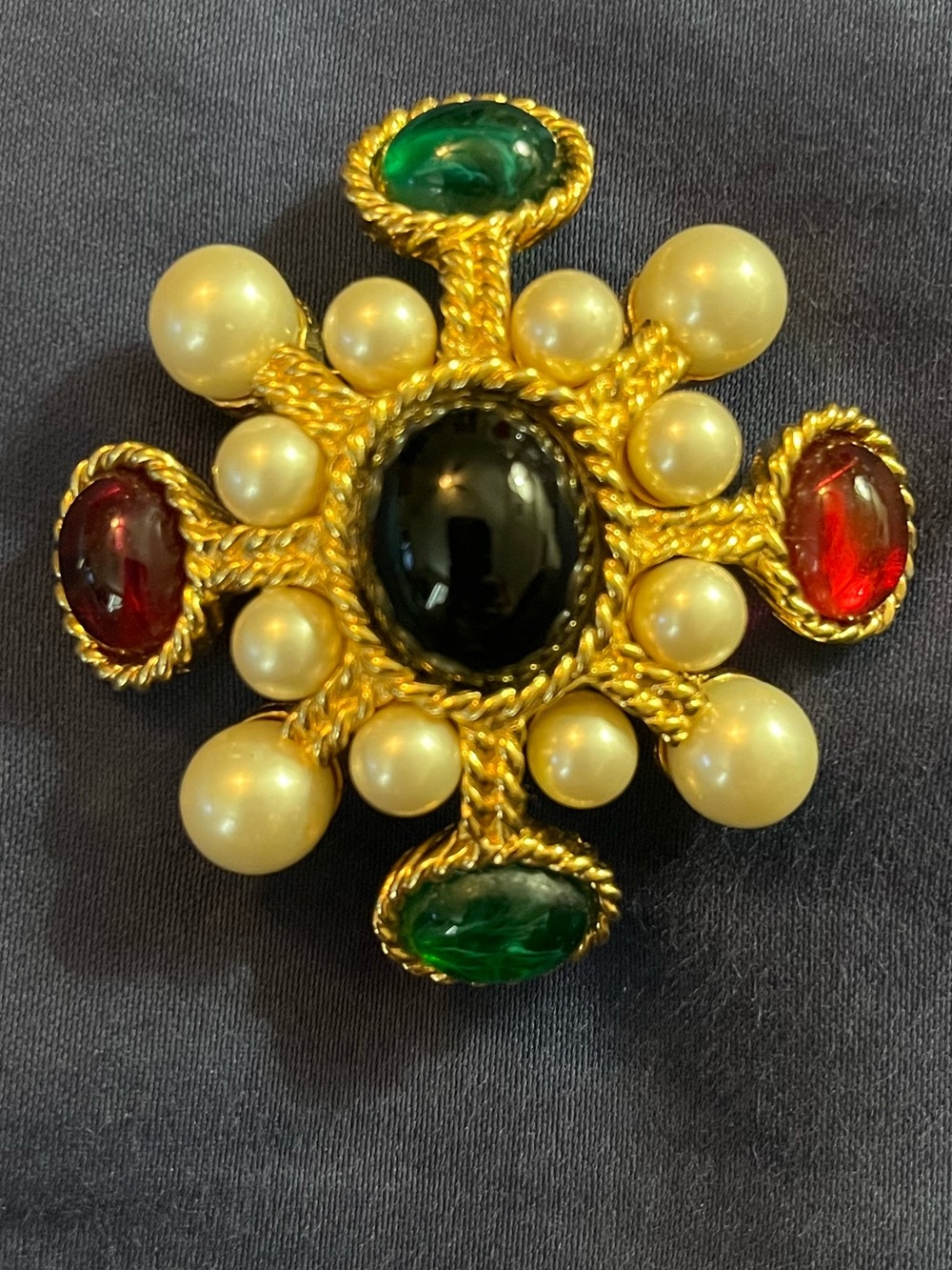 Vintage Ciner Gold-Tone Broach with Black/Red/Green Cabochons and Faux Pearls